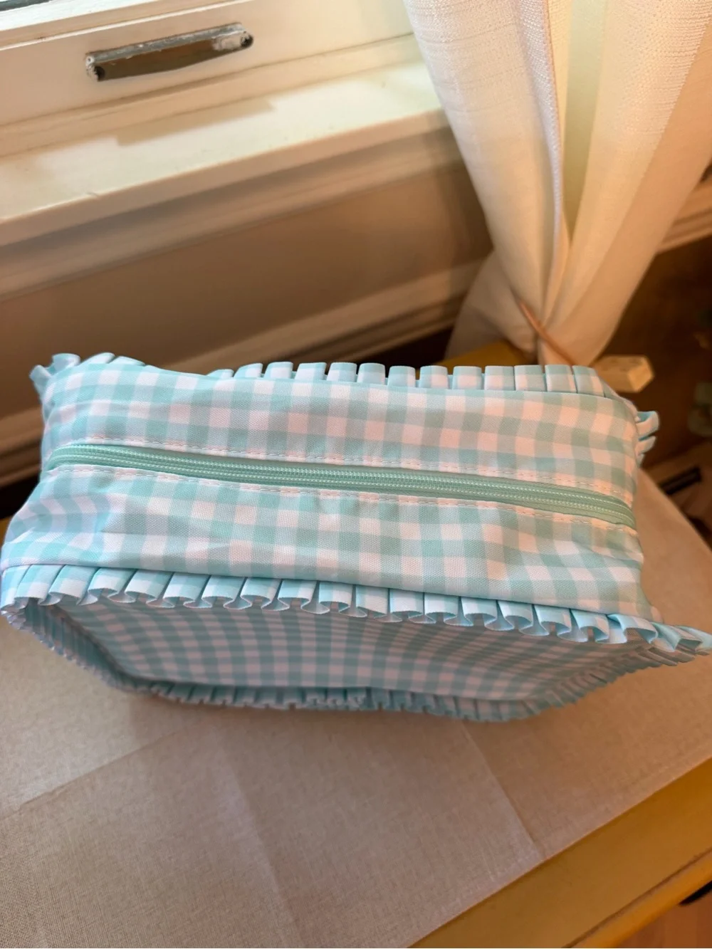 NWOT Blue Gingham Ruffle Cosmetic Makeup Bag Travel Toiletry Pouch
